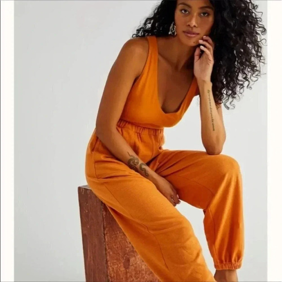 New Free People Kyle One Piece Jumpsuit Onesie FP Beach in Orange - Picture 1 of 9